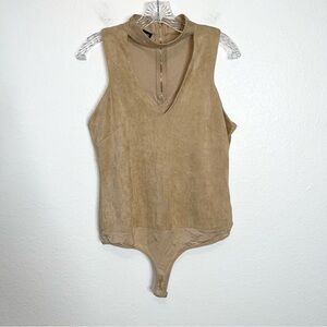Bebe bodysuit Women large Top suede Tan Beige Keyhole V Neck Cut Out E